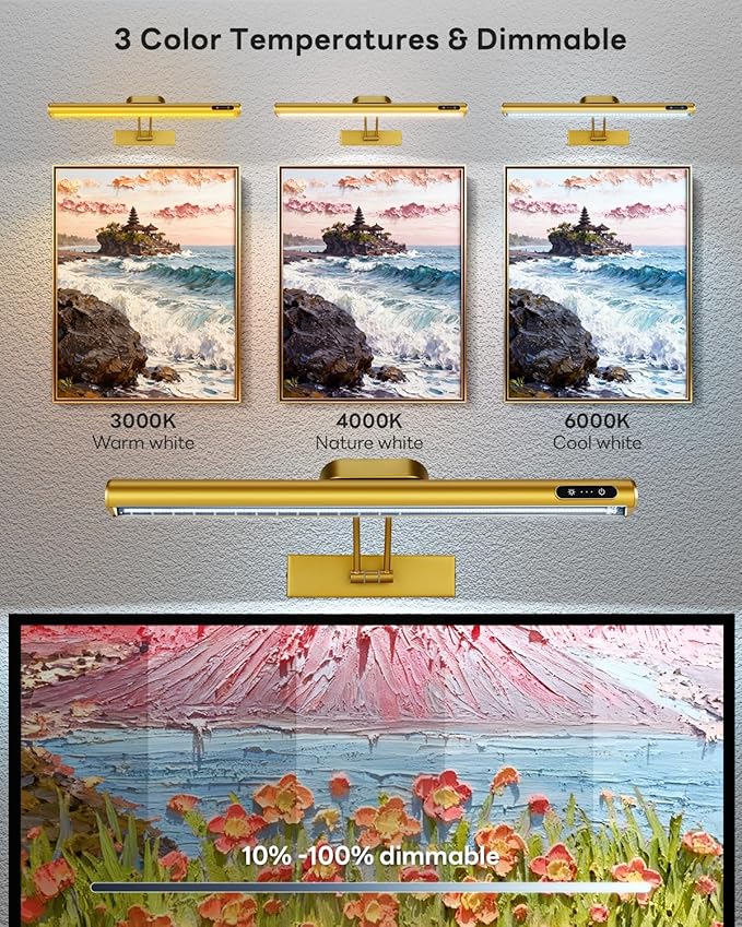 Magnetic Wireless Picture Light Rechargeable Battery Operated with Remote/Touch Control/Timer, Angle Adjustable 16in Metal Painting Light, 3 Color Dimmable, Art Light for Display, Wall, Gallery, Gold