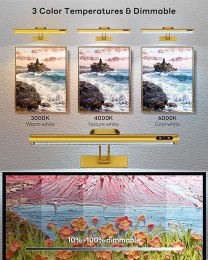 Magnetic Wireless Picture Light Rechargeable Battery Operated with Remote/Touch Control/Timer, Angle Adjustable 16in Metal Painting Light, 3 Color Dimmable, Art Light for Display, Wall, Gallery, Gold
