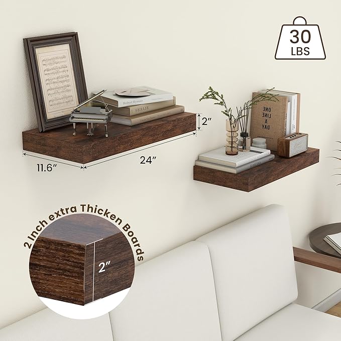 Deep Floating Shelves | 24 Inch Brown Floating Shelves Set of 2 | 12 Inch Deep Rustic Wood Shelves for Wall | 24