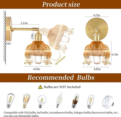 Vintage Battery Wall Sconce with Flower lampshade,Rechargeable Battery Powered Wall Lights,Wall lamp with 15 Colors for Bedroom Living Room Home Decor (Flower Amber, 2 Light Battery Operated)
