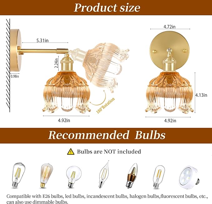 Vintage Battery Wall Sconce with Flower lampshade,Rechargeable Battery Powered Wall Lights,Wall lamp with 15 Colors for Bedroom Living Room Home Decor (Flower Amber, 2 Light Battery Operated)