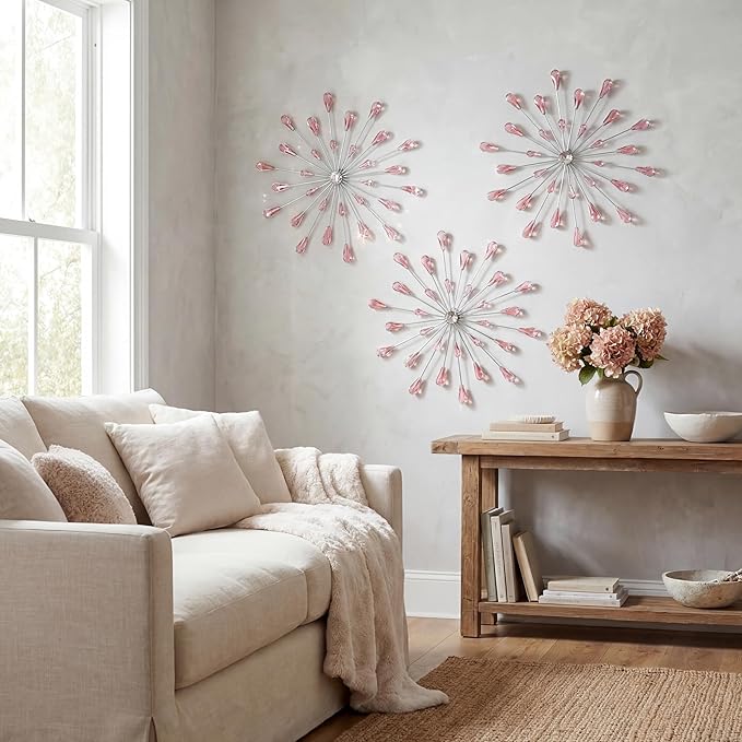 ZEXUIRU 3 Pack Silver Sunburst Wall Decor – Metal Crystal Wall Art with Sparkling Rhinestones, 14’’/18 Inch Starburst Wall Hanging Set for Living Room Bedroom Bathroom – Modern Bling Home Decorations