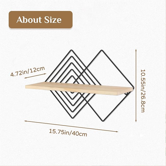 Floating Shelves Modern Geometric - Bedroom Wall Shelf Black Hanging Shelf Wooden Shelves Decorative Wall Mounted Metal Decor Plant Display Set of 2