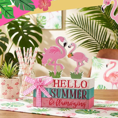 Geelin 4 Pcs Flamingo Wooden Book Stack Decor, Summer Faux Books for Home Table Centerpiece, Hello Summer Flamingos Tiered Tray Decorations Rustic Farmhouse Pink Flamingo Decor for Living Room Kitchen