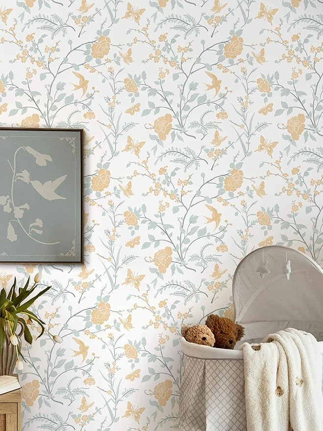 Vintage Wallpaper Floral Peel and Stick Wallpaper Boho Light Blue and Yellow Wall Paper Bird Botanical Contact Paper for Cabinets Renter Friendly Self-Adhesive Bathroom Bedroom 1.44' x 32'