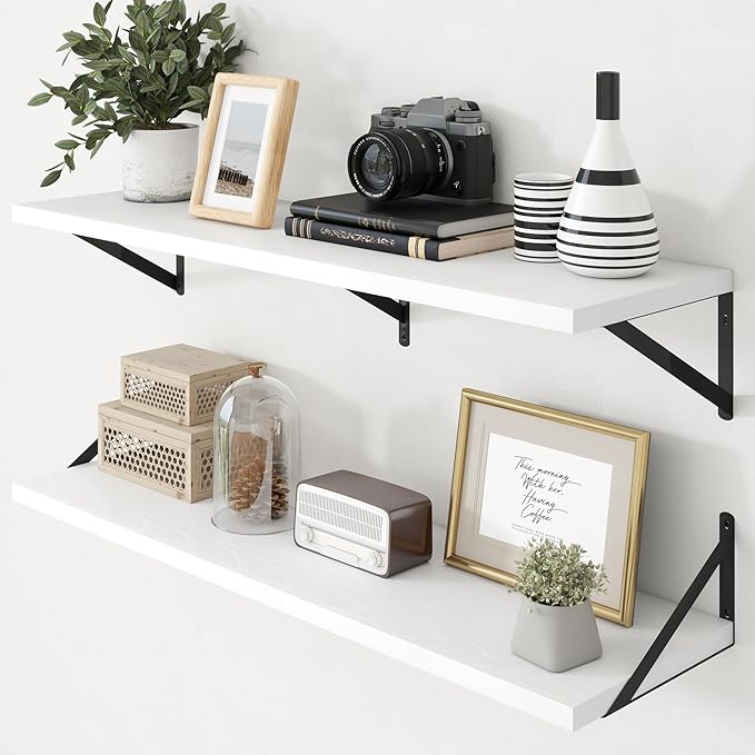 Axeman Deep Floating Shelves - 40 Inch White Floating Shelves Set of 2-12 Inch Deep Wood Wall Shelves for Living Room Bathroom Kitchen