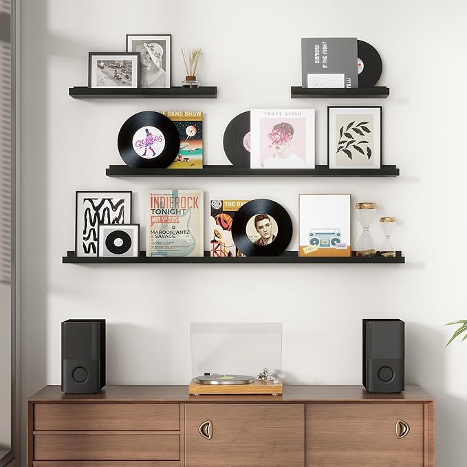 Picture Ledge Wall Shelves 16 inches Width Set of 3, Solid Pine Wood Rustic Floating Ledge Shelves for Wall for Kids' Room Bedroom Kitchen Bathroom Living Room Nursery Display Decor, Black