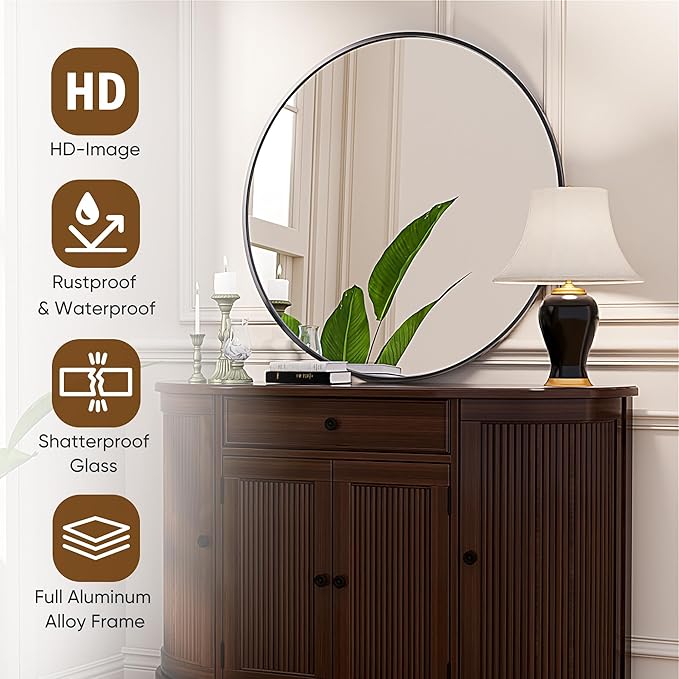Antok 30 Inch Round Mirror for Wall, Round Bathroom Mirror, Circle Wall Mirrors with Black Metal Frame, Circle Mirrors Suitable for Wall, Bathroom, Vanity, Living Room, Entryway