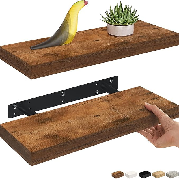 Ballucci Floating Shelves, 16" Wood Wall Shelf Set of 2, with Invisible Brackets for Bathroom, Living Room, Bedroom, Kitchen, Nursery, 6" Deep, Rustic Brown