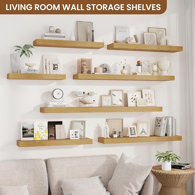 fuqing Floating Shelves for Wall, Wall Mounted Wood Floating Shelf with Invisible Brackets for Living Room, Bathroom, Bedroom, Kitchen Storage and Decor, 30 Inch Set of 2, Oak