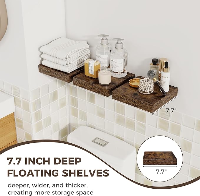 Fun Memories Small Floating Shelves for Wall - 8 Inch Square Wall Shelves with Invisible Brackets, Rustic Brown Shelves for Bathroom, Living Room, Bedroom, and Kitchen Decor, Set of 3