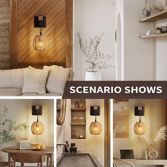 N01 Plug in Dimmable Wall Sconces Hanging Boho Rattan Wall Lamp Farmhouse Stepless Wall Sconce Woven Wall Lamp Hardwired Wall Lights for Living Room Bedroom Bedside Hallway (Bulb Included)