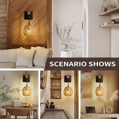 N01 Plug in Dimmable Wall Sconces Hanging Boho Rattan Wall Lamp Farmhouse Stepless Wall Sconce Woven Wall Lamp Hardwired Wall Lights for Living Room Bedroom Bedside Hallway (Bulb Included)
