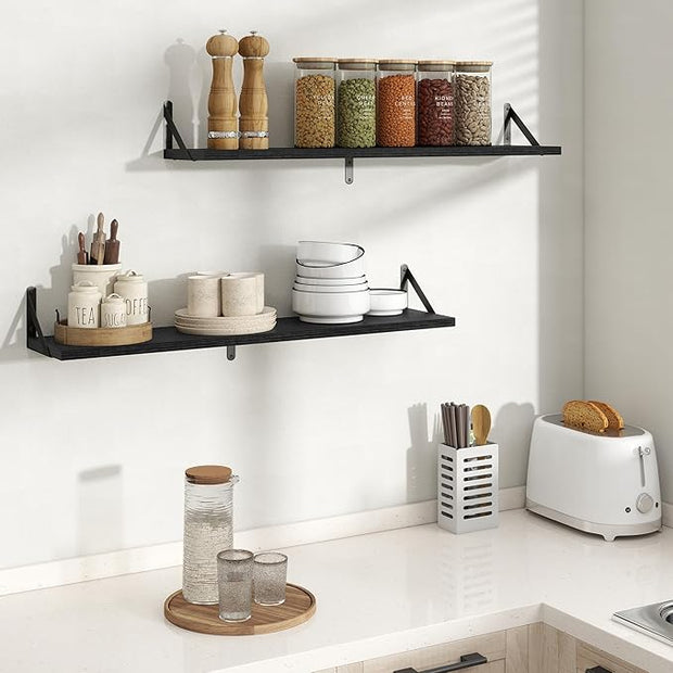 Floating Shelves, 8 Inch Deep Rustic Wood Wall Storage, 36W x 8D Wall Shelves Set of 2, Heavy Duty Metal Brackets, Industrial Book Shelf for Living Room, Kitchen, Bathroom, Bedroom, Black