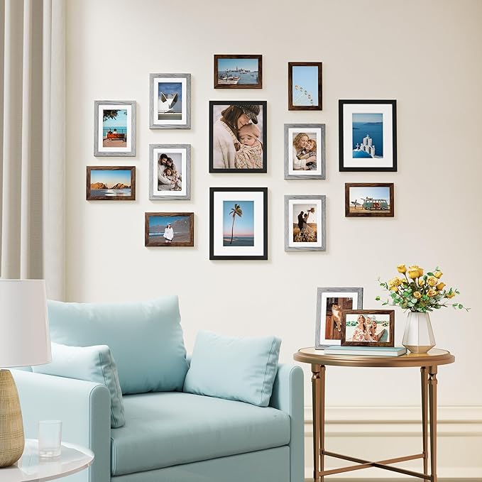 Vittanly 15 Pack Picture Frames Collage Wall Decor for Mounting or Tabletop Display, Gallery Frame Set for Family, Multi Sizes Including 3pcs 8x10, 6pcs 5x7, 6pcs 4x6, Black, Brown and Grey