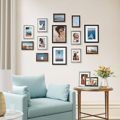 Vittanly 15 Pack Picture Frames Collage Wall Decor for Mounting or Tabletop Display, Gallery Frame Set for Family, Multi Sizes Including 3pcs 8x10, 6pcs 5x7, 6pcs 4x6, Black, Brown and Grey