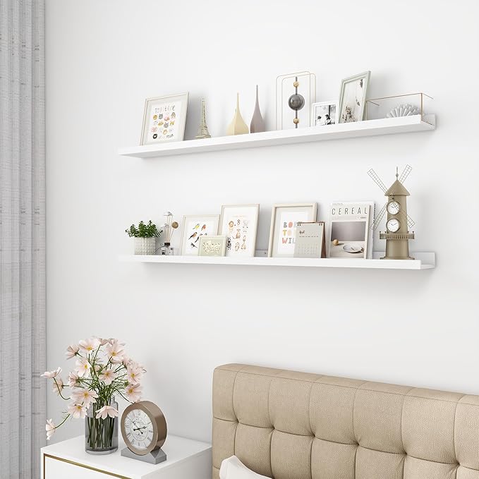 Picture Ledge Shelf, Wood Long Floating Shelves for Wall, Set of 2, 48 inch Picture Ledge Shelves, Photo Ledge Nursery Book Shelves Wall Mounted for Living Room Kids' Room Bedroom, Color White