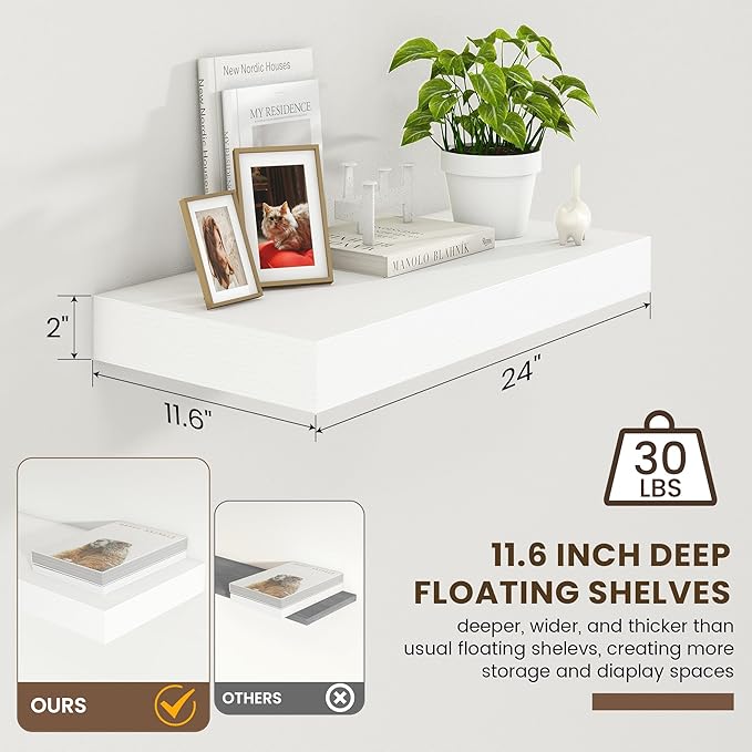 12 Inch Deep Floating Shelves | 24 Inch White Floating Shelves | 24