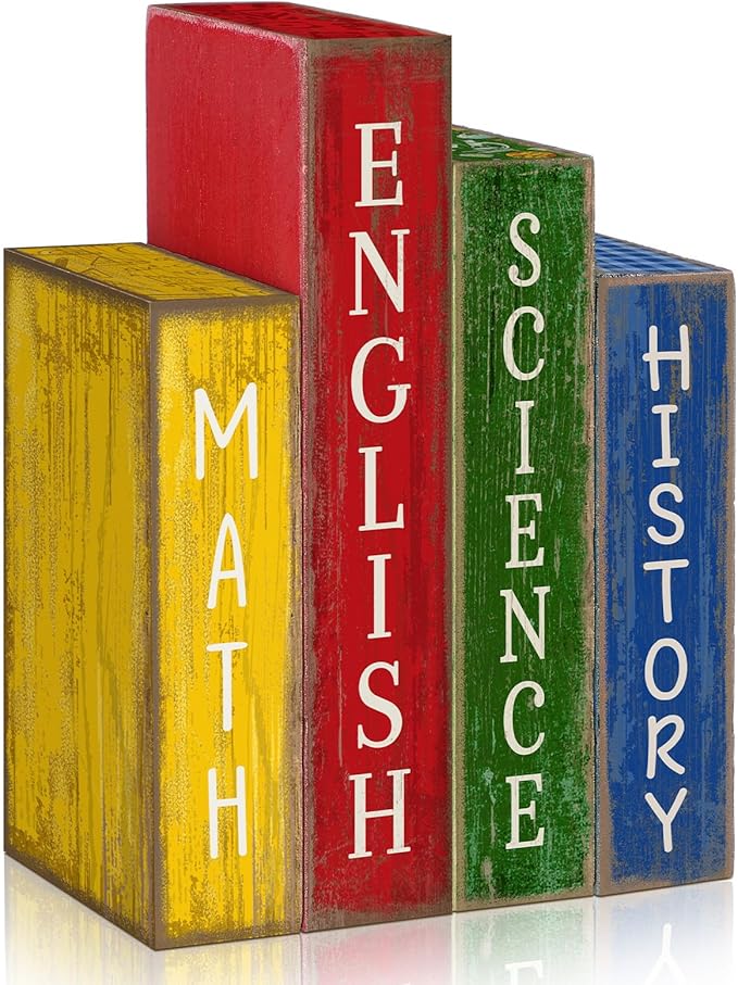 4 Pcs Back to School Table Decoration Wooden Subject Decoration Welcome Back to School Tiered Tray Decor Wood Book Sign Farmhouse for Class Party Home Shelf Coffee Table