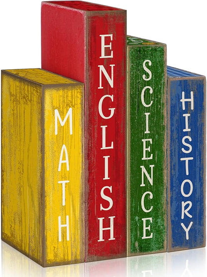 4 Pcs Back to School Table Decoration Wooden Subject Decoration Welcome Back to School Tiered Tray Decor Wood Book Sign Farmhouse for Class Party Home Shelf Coffee Table