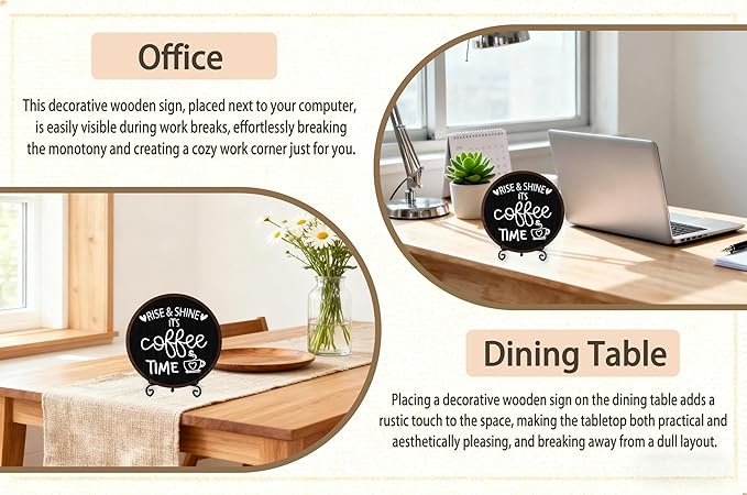 Coffee Desk Decor Sign, Farmhouse Wood Plaque, It Is Coffee Time Wood Sign, Cafe Lover Gifts, Decor For Home Kitchen Tabletop, Wooden Round Decorations With Stand-03