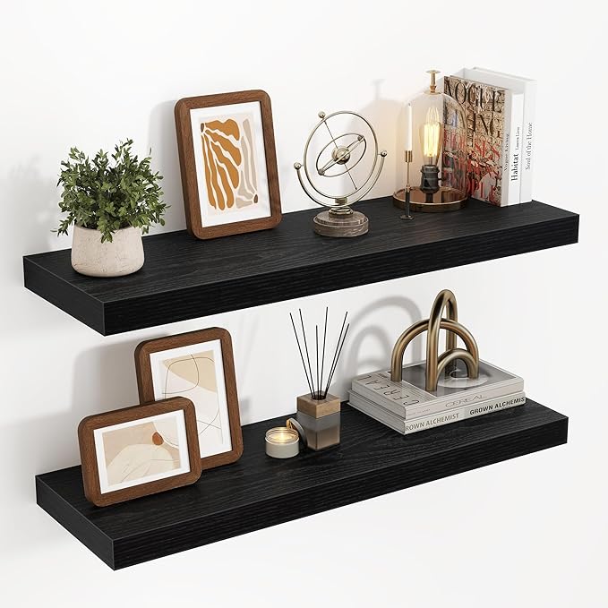 32 Inch Floating Shelves, 3D Textured Wood Grain, 32"x9.25"x1.5" Inch Deep Floating Shelves for Wall, Wooden Shelves for Bathroom, Bedroom, Living Room, Black, 2 Pieces