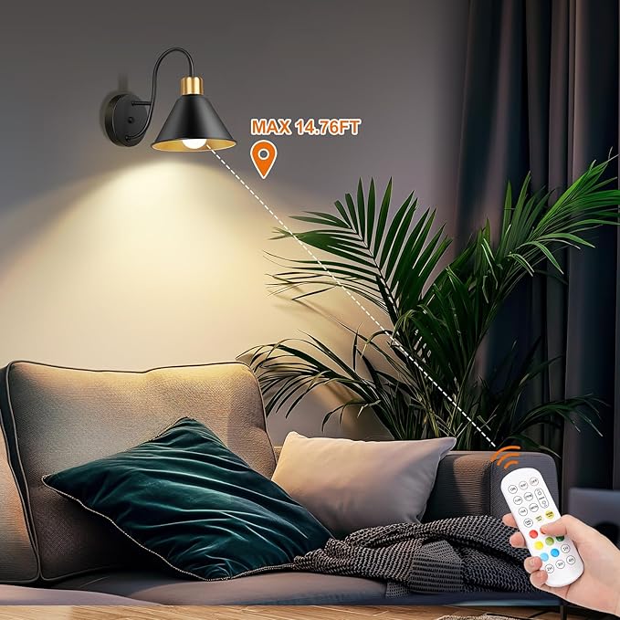 Frideko Rechargeable Wall Sconces Set of Two with Remote, RGB 15 Colors Dimmable Battery Operated Wall Lights, Indoor Black Wall lamp with 4 Timer, Wireless Sconce Lighting for Living Room Bedroom