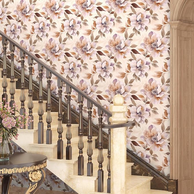 Purple Floral Peel and Stick Wallpaper Watercolor Contact Paper 17.5" × 118" Waterproof Vinyl Self Adhesive Vintage Brown Flower Wall Paper for Bedroom Walls Cabinet Locker Decor