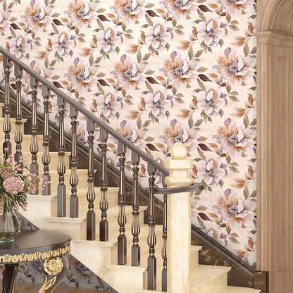 Purple Floral Peel and Stick Wallpaper Watercolor Contact Paper 17.5" × 118" Waterproof Vinyl Self Adhesive Vintage Brown Flower Wall Paper for Bedroom Walls Cabinet Locker Decor
