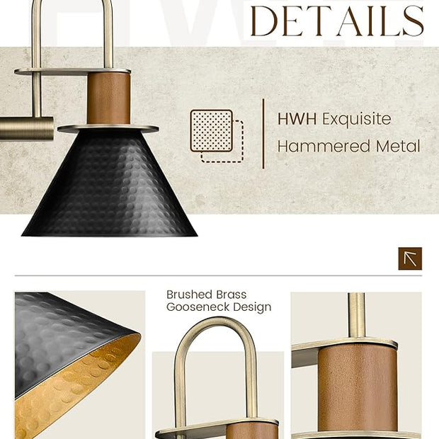 Modern Wall Sconces Set of Two, HWH Industrial Sconce Wall Lighting 1-Light, Brass Barn Wall Vanity Light for Bedroom Kitchen, Hammered Metal Shade, Black and Gold Finish, 5HZG74B-2L BK+BG