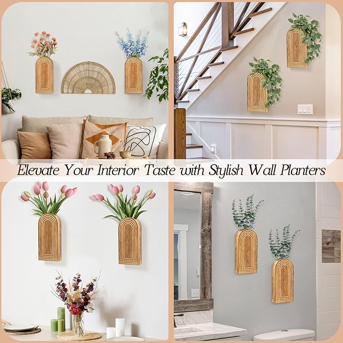 2 Pack Wall Decor Wood Wall Planters for Indoor Plants, Modern Wall Planter for Bathroom, Living Room, Kitchen Decor, Farmhouse Wood Vase for Decor Dried Flowers and Faux Greenery (Rustic Brown)