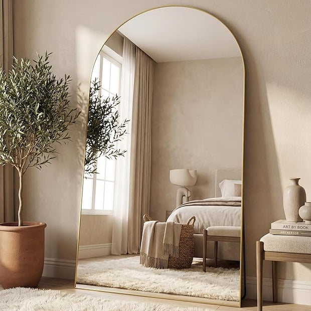 Antok 86" x46” Arched Full Length Floor Mirror, Gold Aluminum Frame, Free Standing/Wall Mount/Leaning for Bedroom, Living Room, Dressing Room