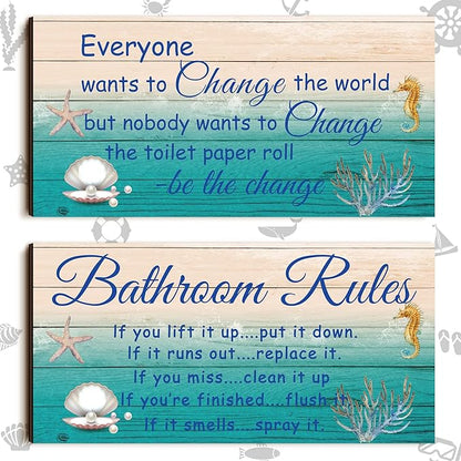 Jetec 2 Pieces Funny Bathroom Signs Bathroom Wall Decor Toilet Wall Accessories Farmhouse Toilet Rustic Wooden Signs, 12x6 Inch(Sea World Style)