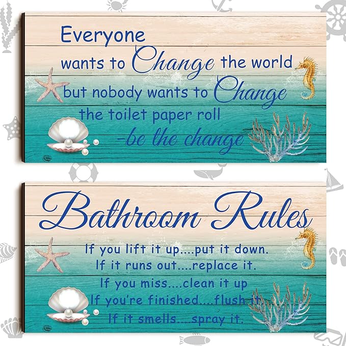 Jetec 2 Pieces Funny Bathroom Signs Bathroom Wall Decor Toilet Wall Accessories Farmhouse Toilet Rustic Wooden Signs, 12x6 Inch(Sea World Style)