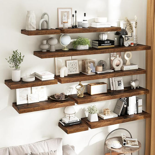 72 Inch Long Floating Shelves for Wall 2 Pack, 12"D Wood Grain Bathroom Shelves with Invisible Brackets, Easy Install Engineered Wood Storage Shelves for Kitchen, Living Room, Bedroom, Rustic Brown