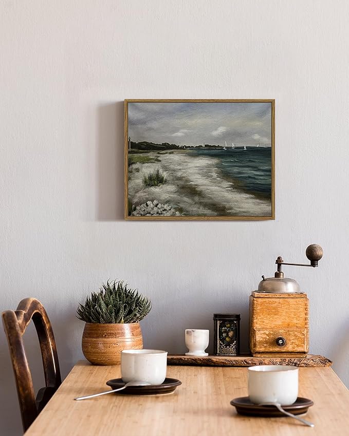SHENIFY Vintage Landscape Seascape Framed Canvas Wall Art Seaside Coastal Scenery Classic Hallway Bathroom Office Decor - 11x14in Natural Framed