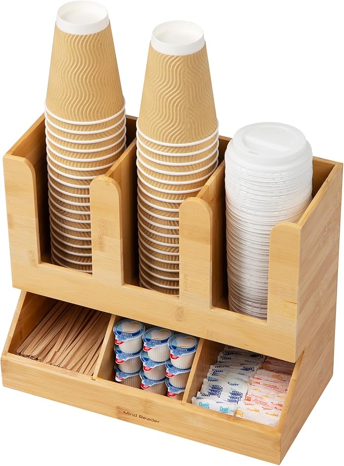 Mind Reader Cup and Condiment Station, Countertop Organizer, Coffee Bar, Kitchen, Bamboo, 13.625