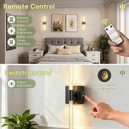 L LOHAS LED Battery Operated Wall Sconces Set of 2, 10000mAh Black Battery Wall Sconce 360 Full Lighting, 3000K Dimmable Wireless Wall Light, Sconce Wall Decor for Bathroom, Bedroom, Living Room, 24in