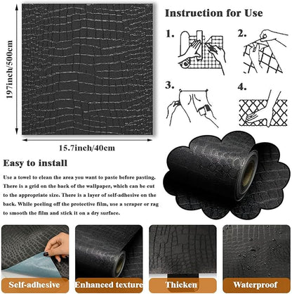 Black Wallpaper Peel and Stick Wallpaper Self Adhesive Removable Wall Paper Vintage 15.7"x197" Textured Wallpapers Dark Black Contact Paper for Bedroom Cabinets and Drawers Vinyl Roll