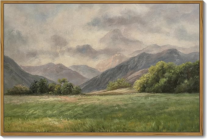 SHENIFY Landscape 16x24in Large Vintage Framed Canvas Wall Art Classical Prairie and Mountain Prints Farmhouse Bathroom Office Decor - Natural Framed