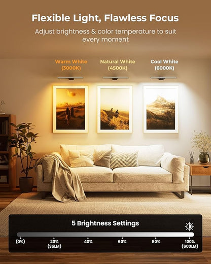 Picture Light for Wall Rechargeable Art Light with Remote, 3 Colors & 5 Brightness Levels, 12000mAh Battery Operated Lights for Pictures, Gallery, Bedroom, Hallway, Frame, Living Room (Black,1 Pack)