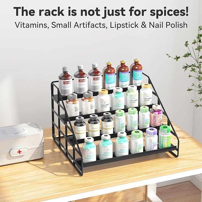 Spice Rack 4 Tier Kitchen Cabinet Organizer,Countertop Spice Rack,Tier Depth Adjustable Cabinet Shelf,Step Spice Organization Easy Visibility,Holds Seasoning and Condiments