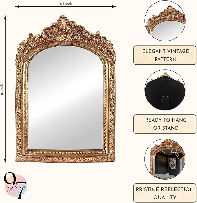 97 Decor Gold Vintage Wall Mirror - Small Gold Mirror for Tabletop and Wall Mounting, Antique Arch Frames for Desk, Small Decorative Mirrors Frame for Home Bedroom, Makeup Room Decor (10x6.8 Inch)