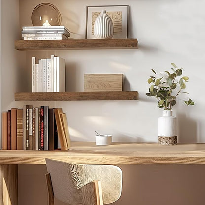 INHABIT UNION Rustic Brown Floating Shelves for Wall，24in Wall Mounted Display Ledge Shelves Perfect for Bedroom, Bathroom, Living Room and Kitchen Decoration Storage (Rustic Brown, Set of 2)