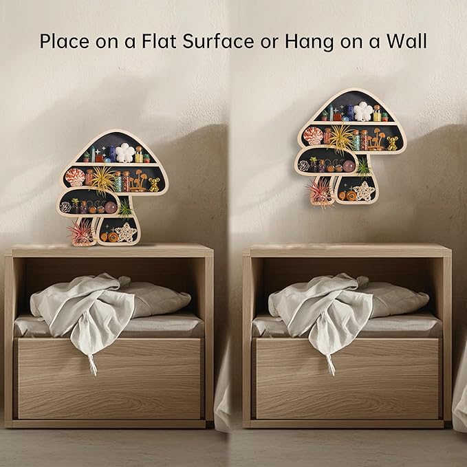 Cute Mushroom Decor, Wooden Floating Mushroom Shelf for Wall, Crystal Display Shelf Rock Gem Stone Display Shelf Wall Mounted