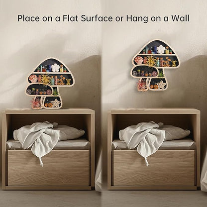 Cute Mushroom Decor, Wooden Floating Mushroom Shelf for Wall, Crystal Display Shelf Rock Gem Stone Display Shelf Wall Mounted
