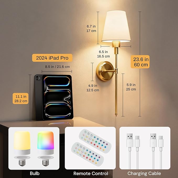 DORESshop Upgraded 4 Rechargeable Bulbs Battery Operated Wall Sconce Set of 2, 15 Color Wireless Wall Sconces Set of 2, Sconce Wall Decor Set of 2 for Bedroom, Living Room, Brushed Gold 24.6in
