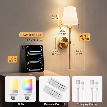 DORESshop Upgraded 4 Rechargeable Bulbs Battery Operated Wall Sconce Set of 2, 15 Color Wireless Wall Sconces Set of 2, Sconce Wall Decor Set of 2 for Bedroom, Living Room, Brushed Gold 24.6in