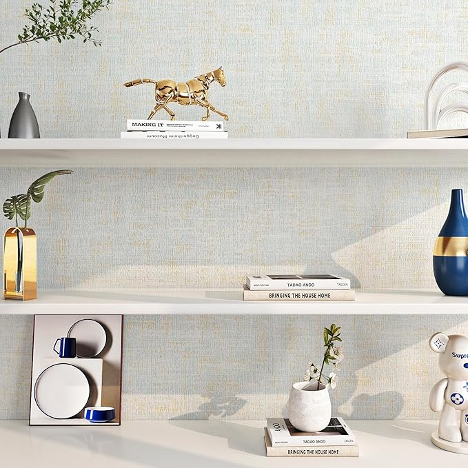 FunStick 15.8"x472" Grasscloth Wallpaper Peel and Stick Textured Blue and Gold Wallpaper Removable Blue Faux Grass Cloth Contact Paper Peel and Stick Wallpapers Rolls for Bathroom Walls Cabinets Desk