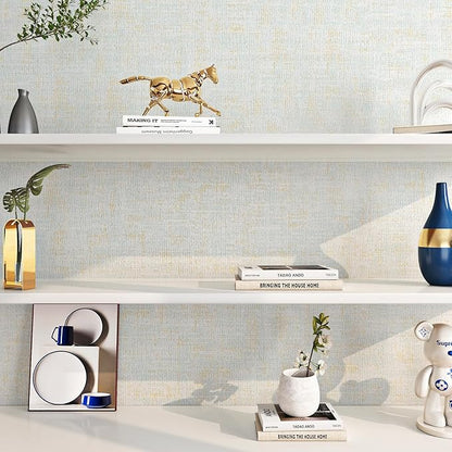 FunStick 15.8"x472" Grasscloth Wallpaper Peel and Stick Textured Blue and Gold Wallpaper Removable Blue Faux Grass Cloth Contact Paper Peel and Stick Wallpapers Rolls for Bathroom Walls Cabinets Desk